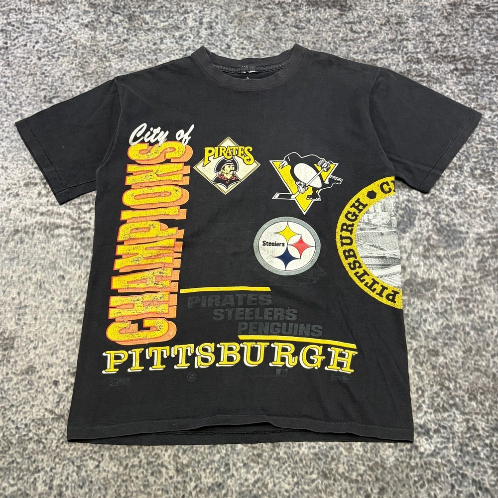 VTG Salem Sportswear Pittsburgh City Of Champions T Shirt Mens Medium Black 90s